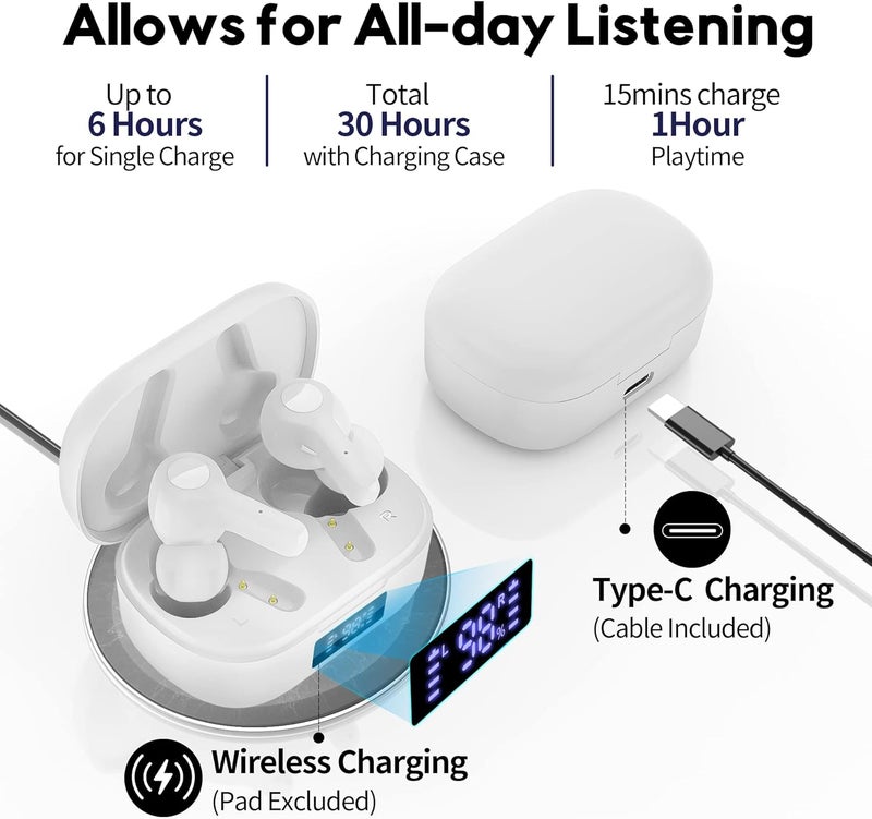 MOZOTER Bluetooth 5.3 Wireless Earbuds,Deep Bass Loud Sound Clear Call Noise Cancelling with 4 Microphones in-Ear Headphones with Wireless Charging Case Compatible for iPhone Android,Work-White - Image 3